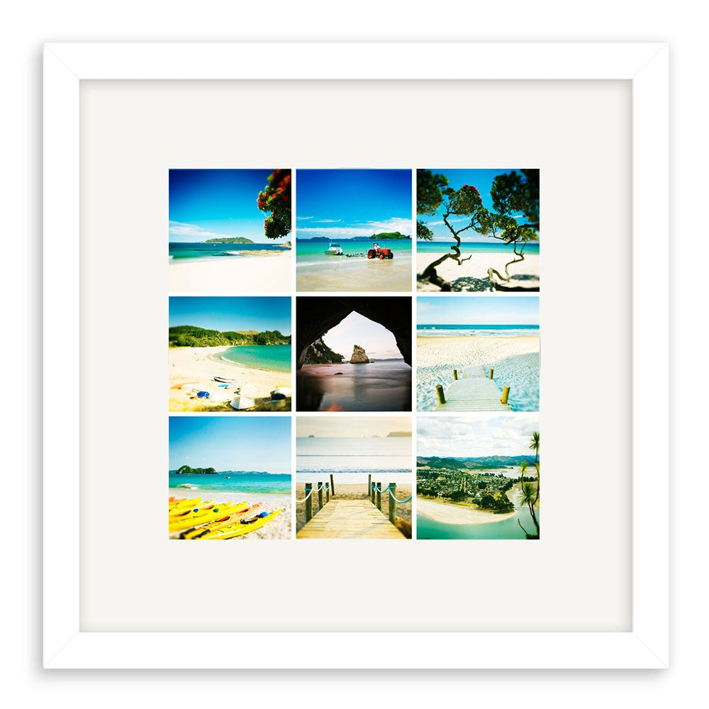 The Coromandel Lomo Print features a white frame with a 3x3 grid of square photos capturing New Zealand beaches, clear blue skies, kayaks, and stunning coastal landscapes—a beautiful display for any wall.