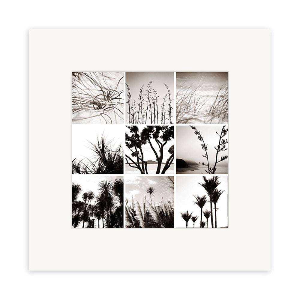 The NZ Flora Lomo Print is a square collage of nine black and white Lomo-style photos showing silhouettes and close-ups of New Zealand plants and grasses, arranged in a grid on a white background.