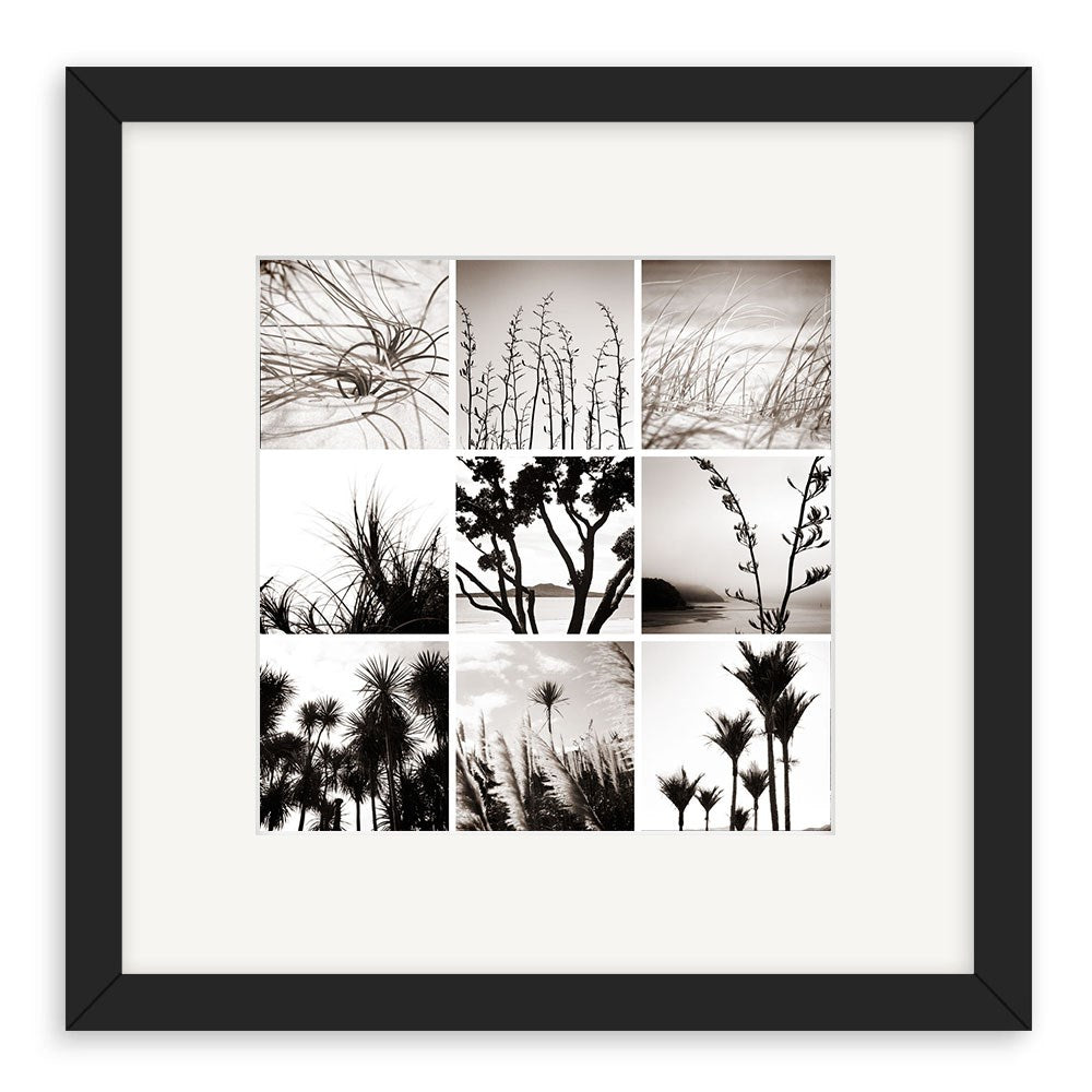 The NZ Flora Lomo Print is a framed collage of nine black and white Lomo-style photos of trees and grasses in a 3x3 grid, showcasing natural patterns and silhouettes. Made in New Zealand.