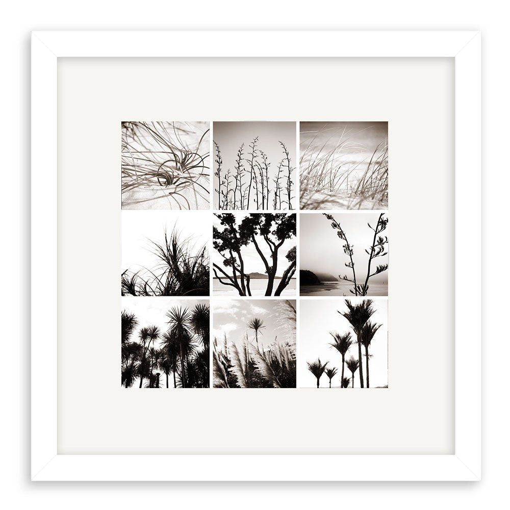 The NZ Flora Lomo Print displays nine black-and-white nature photos in bold Lomo style, each capturing unique silhouettes of grasses, plants, or trees. The images are arranged in a square collage within a white mat and frame.