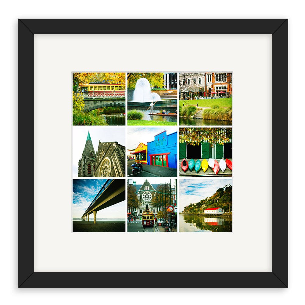 The Christchurch Lomo Print is a framed collage of nine square photography prints showing city scenes in New Zealand—buildings, a church, boats, a bridge, and riverside views—arranged in a bold three-by-three grid.