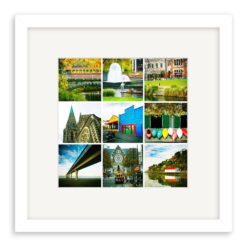 The Christchurch Lomo Print is a white-framed collage of nine vibrant photos featuring urban and natural landscapes in New Zealand, including buildings, rivers, bridges, boats, fountains, and a church.