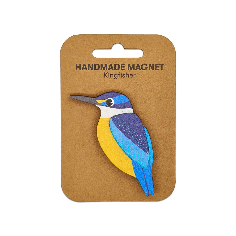 The Kingfisher Wooden Magnet features a charming kingfisher design in blue, yellow, and white on a brown card labeled HANDMADE MAGNET Kingfisher, making it perfect for any magnetic surface.