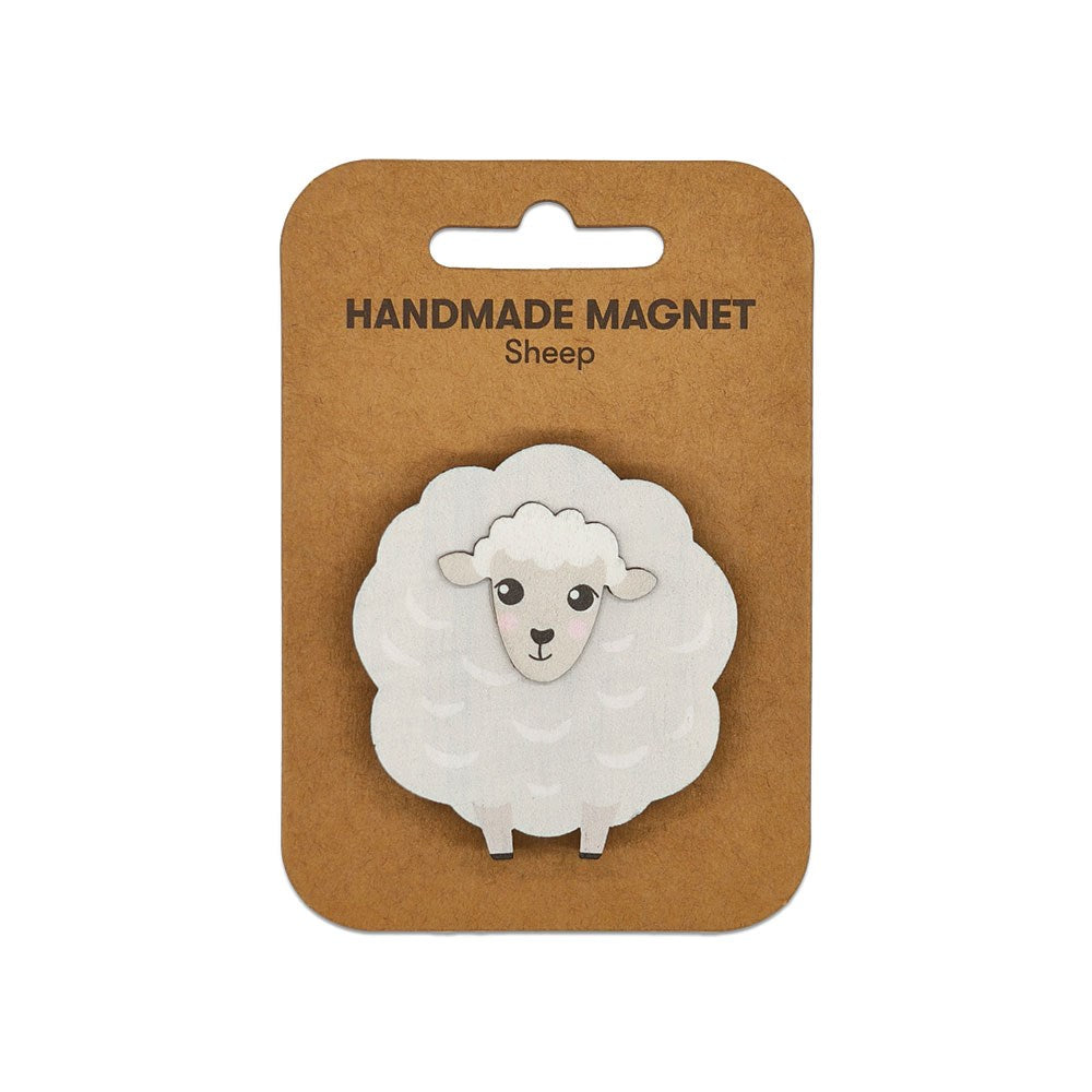 The Sheep Wooden Magnet features a handmade, cartoon-style sheep with a white fluffy body on a brown card labeled HANDMADE MAGNET Sheep. Perfect for decorating any magnetic surface.