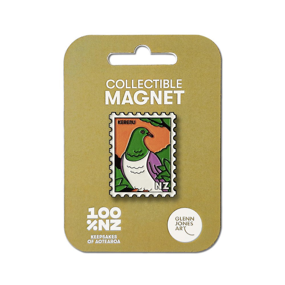 The Kereru Collectible Stamp Magnet features a stylized bird illustration. Packaged in olive green with white 100% NZ and Glenn Jones Art logos, it highlights unique Glenn Jones Artwork.