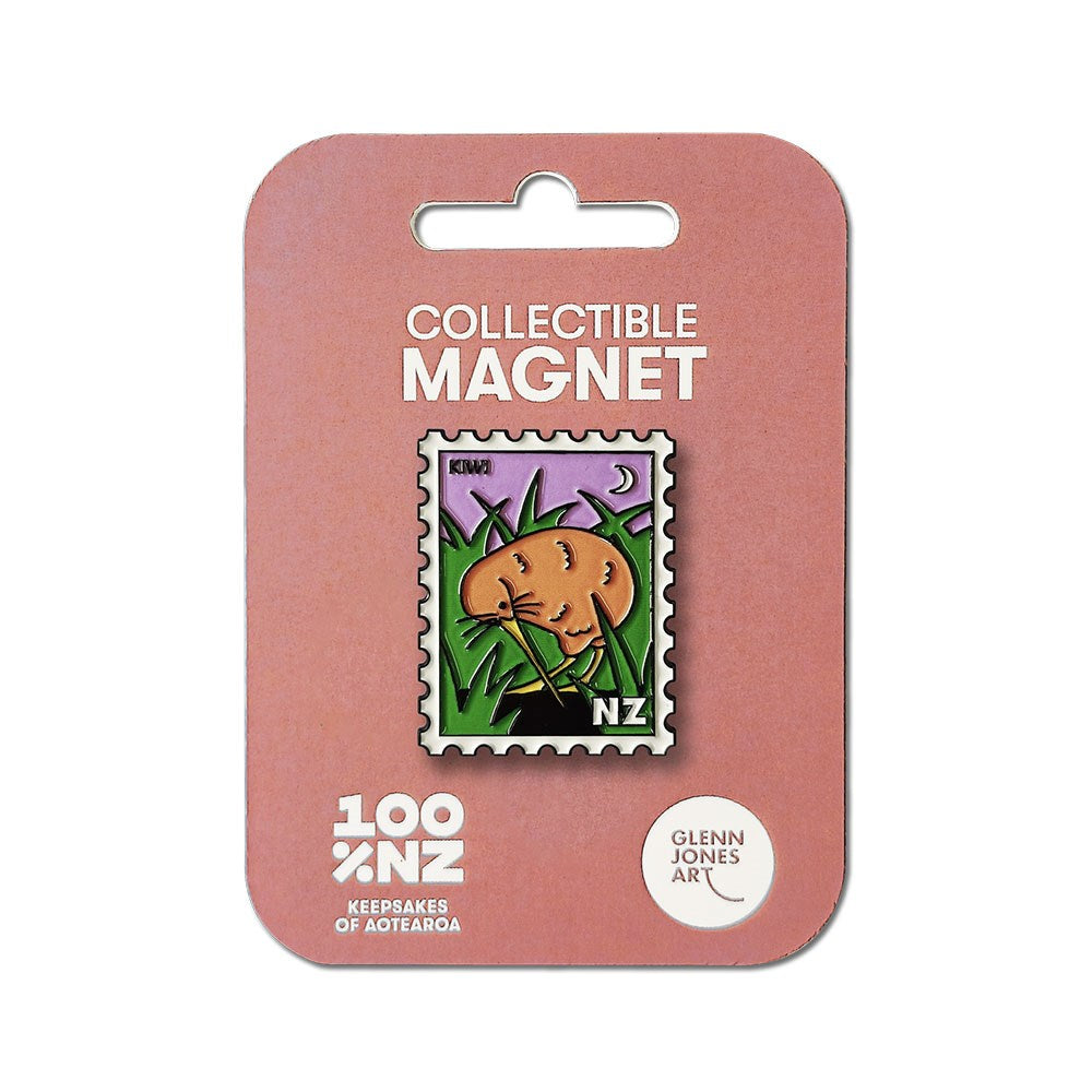 The Kiwi Collectible Stamp Magnet features Glenn Jones Art of a kiwi bird and grass, shaped like a postage stamp. It comes on pink packaging labeled Collectible Magnet, 100% NZ, and Glenn Jones Art.