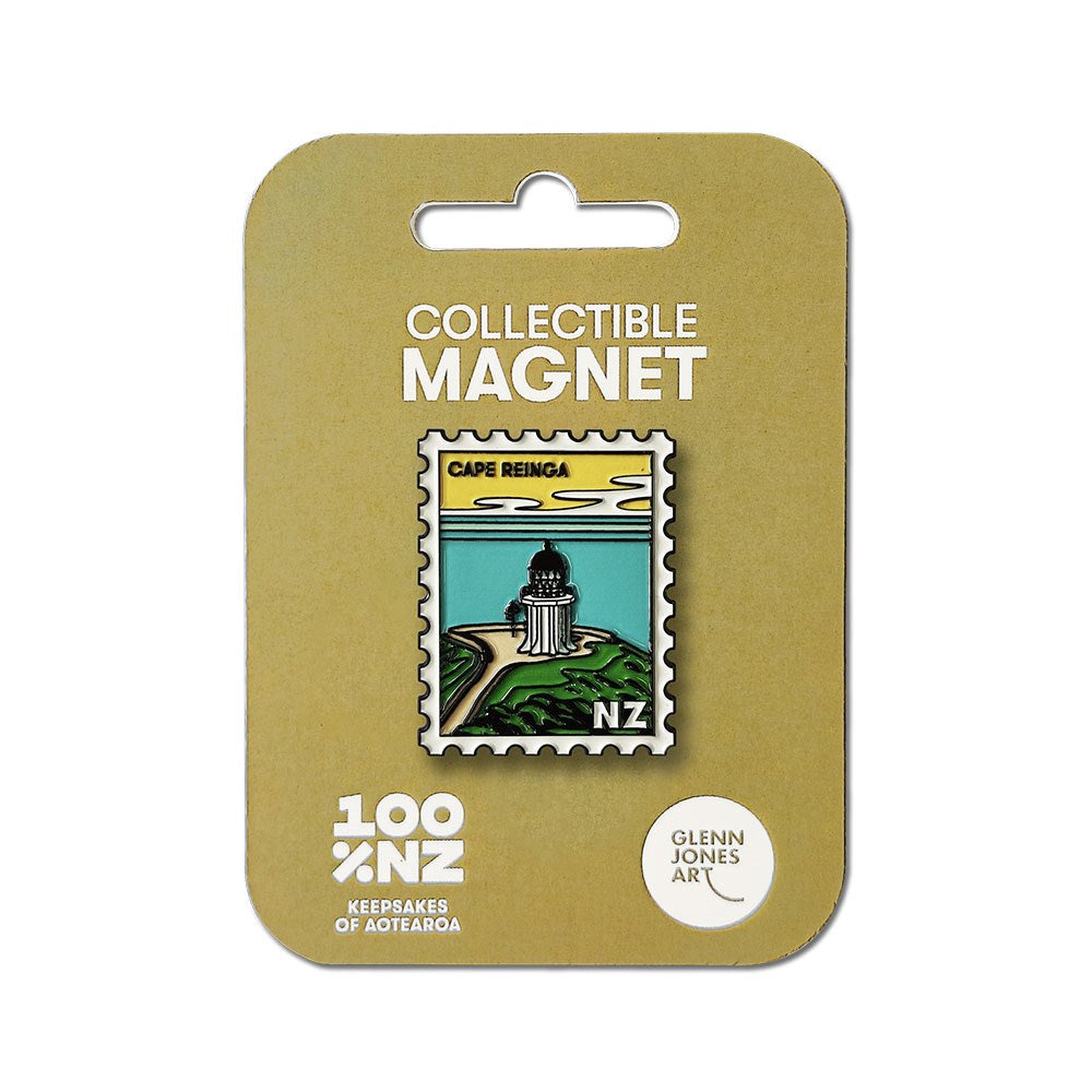The Cape Reinga Collectible Stamp Magnet features Glenn Jones’ illustration of the Cape Reinga lighthouse in an enamel stamp shape, attached to a tan card labeled Collectible Magnet and 100% NZ Keepsakes of Aotearoa.