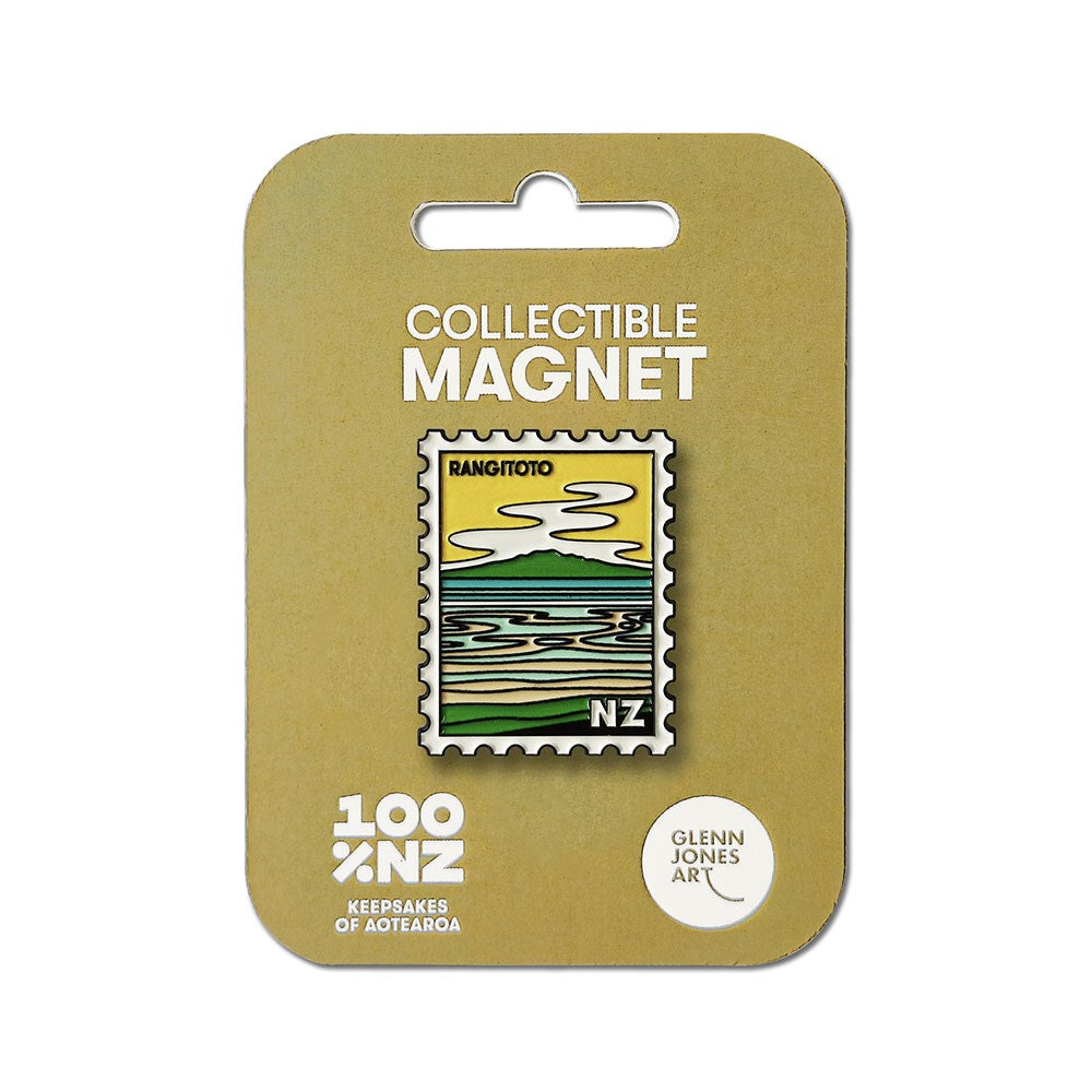 The Rangitoto Collectible Stamp Magnet features Glenn Jones’ artwork of Rangitoto Island, shaped like a postage stamp. It comes on a tan card labeled Collectible Magnet and 100% NZ.