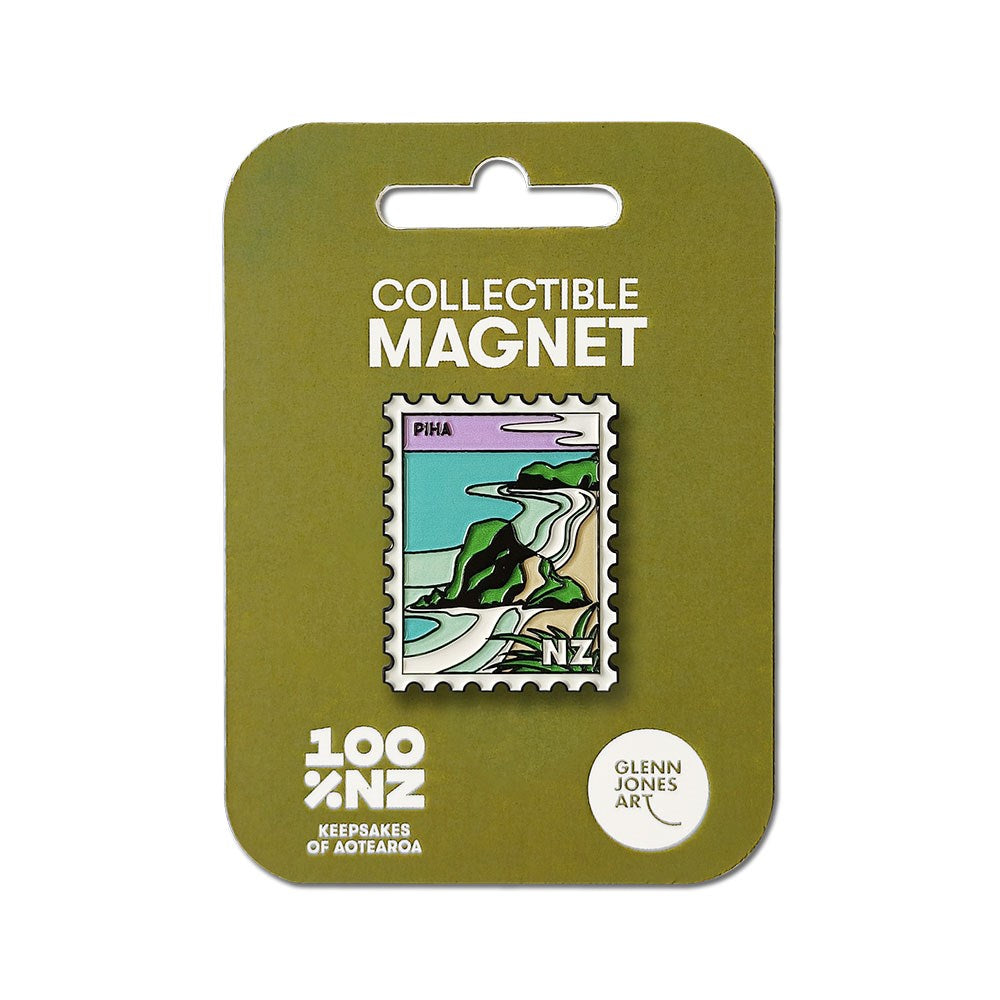 The Piha Collectible Stamp Magnet displays Glenn Jones coastal artwork labeled PIHA NZ, and comes on a green card reading Collectible Magnet, 100% NZ, celebrating quality New Zealand design.