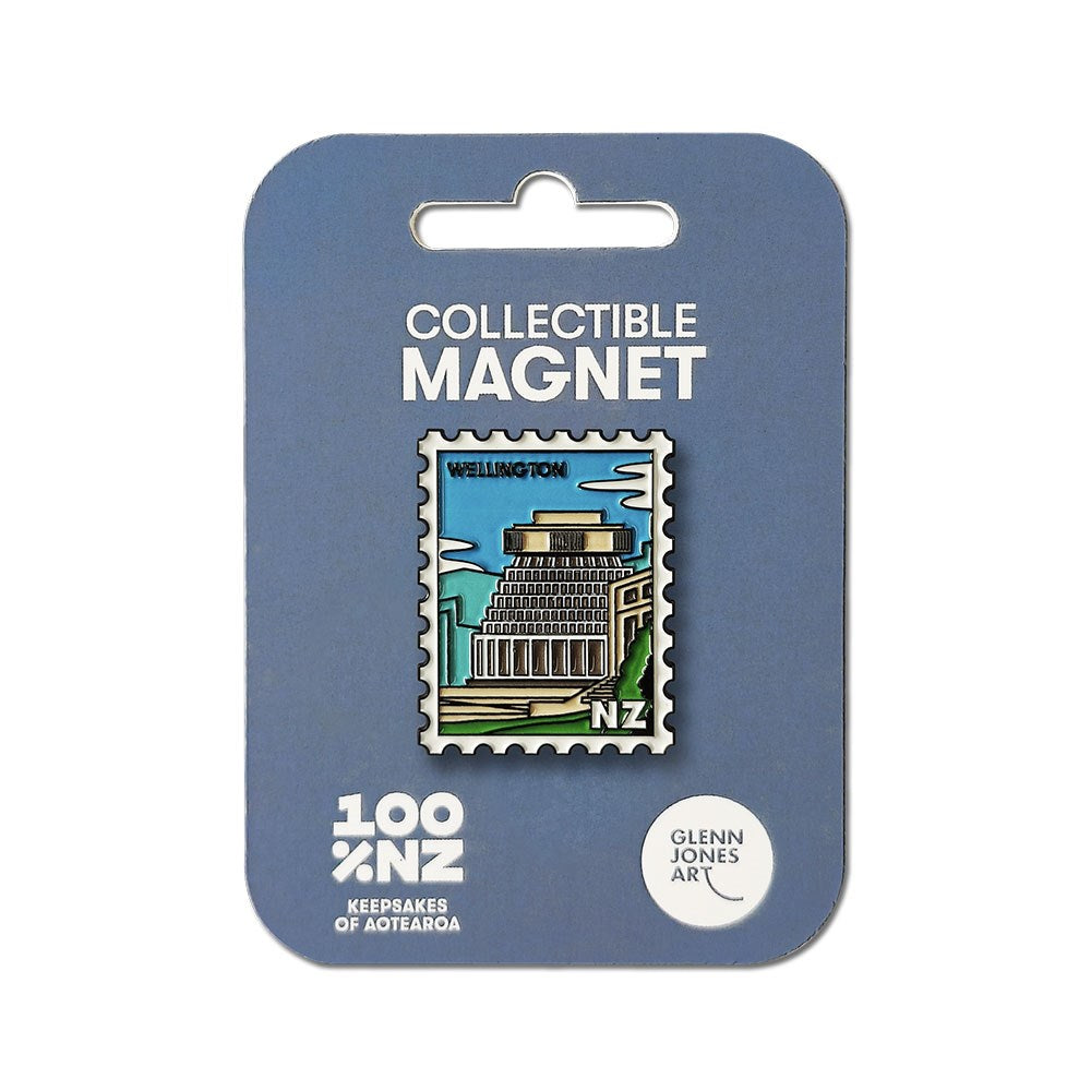 The Wellington Collectible Stamp Magnet showcases the Beehive in Wellington, NZ. Designed by Glenn Jones Artwork, it features enamel detail and comes on blue 100% NZ packaging.