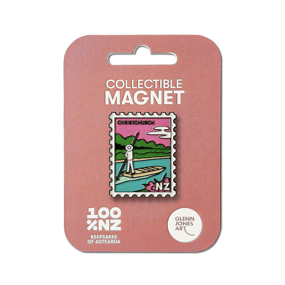 The Christchurch Collectible Stamp Magnet shows a person on a river in Christchurch, New Zealand, with a pink sky and mountains. It comes mounted on a pink backing card labeled Collectible Magnet and 100% NZ.