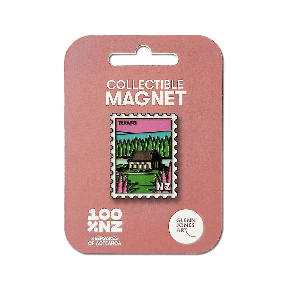 The Tekapo Collectible Stamp Magnet features Glenn Jones’ scenic illustration of a church by Lake Tekapo, New Zealand. It comes on pink packaging labeled Collectible Magnet – 100% NZ.