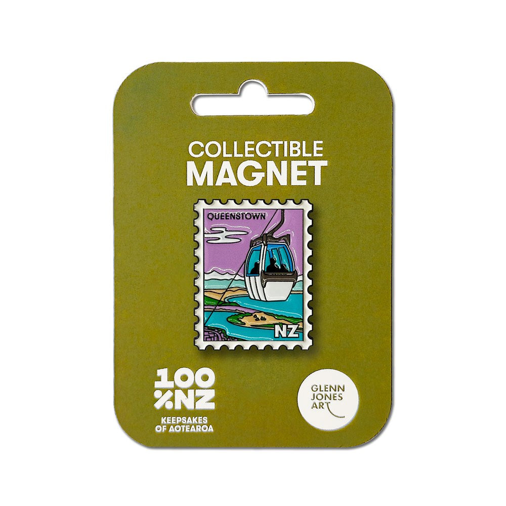 The Queenstown Gondola Collectible Stamp Magnet showcases an illustration of the iconic Queenstown Gondola against a backdrop of mountains and lake. Presented on olive-green packaging marked “Collectible Magnet” and “100% NZ,” this New Zealand enamel stamp magnet beautifully captures the region’s breathtaking scenery, making it a perfect keepsake for any traveler.