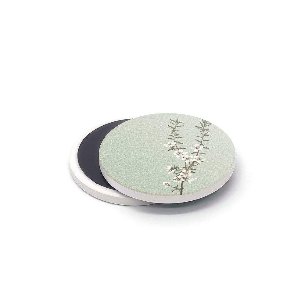 The Vintage Botanical Ceramic Magnet Set features two round, matte-finished pieces: a light green New Zealand-inspired design with white florals stacked atop a solid black magnet accented with a white rim.