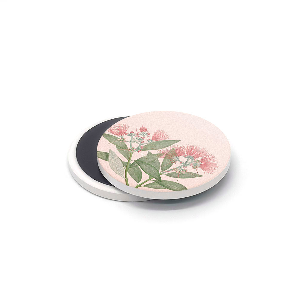 The Vintage Botanical Ceramic Magnet Set features a round magnet with pink flowers and green leaves inspired by New Zealand flora, layered over a dark plain magnet on a white surface.