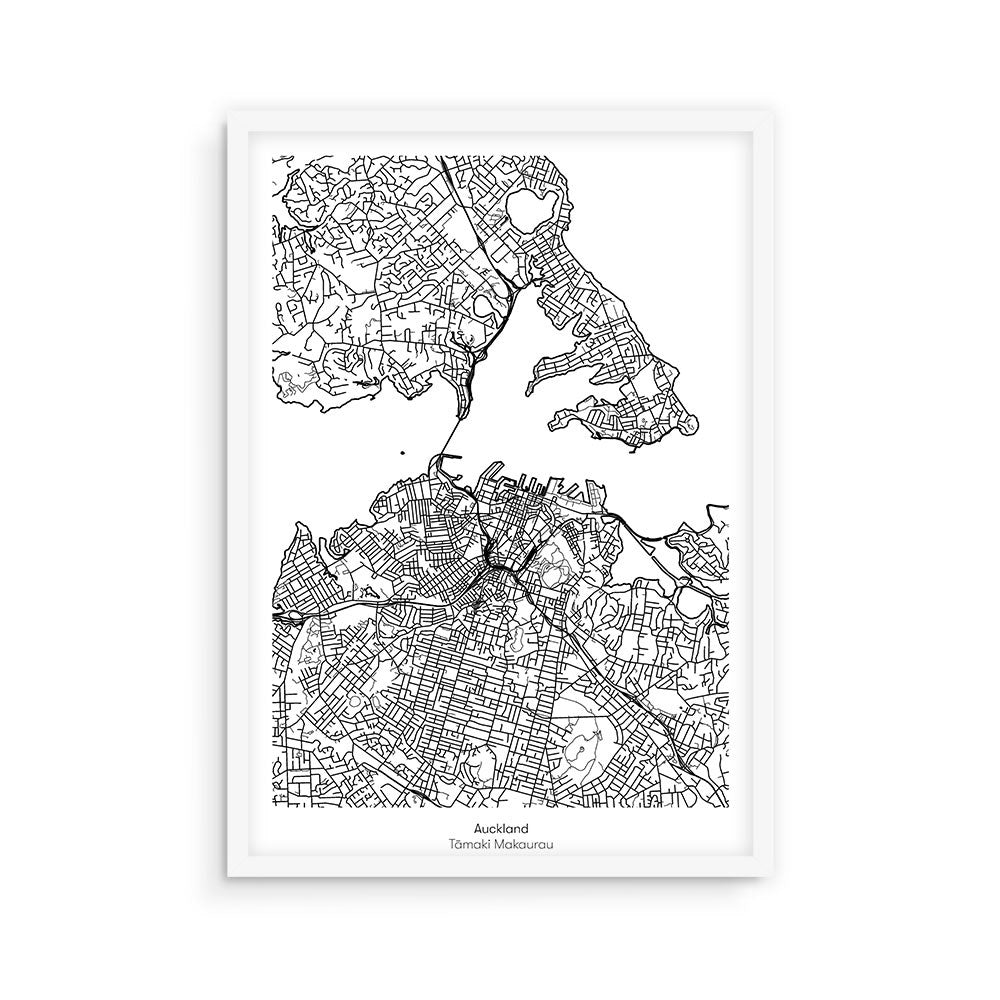 Auckland Mapscape: A black and white line map of Auckland, New Zealand, with detailed streets on 200gsm art paper in a white frame. Labelled Auckland Tāmaki Makaurau at the bottom.