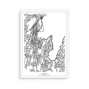 The Wellington Mapscape is a black and white line drawing of Wellington, New Zealand, featuring streets and coastlines. Printed with archival inks and displayed in a white frame, it’s labeled Wellington Te Whanganui-a-Tara at the bottom.