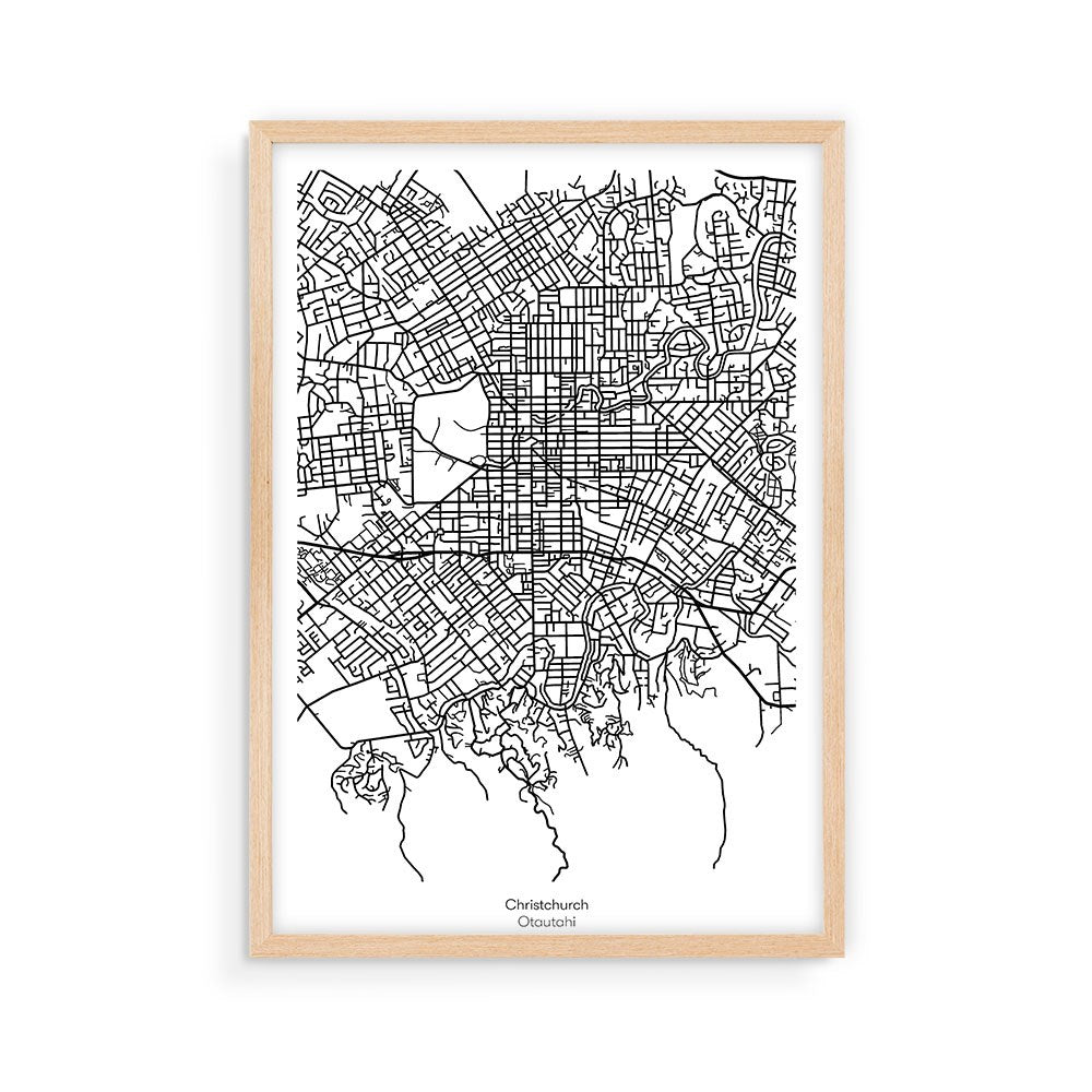 The Christchurch Mapscape is a black and white line drawing of Christchurch, New Zealand in a light wooden frame, printed on 200gsm art paper with archival inks. It features detailed roads and Christchurch, Otautahi at the bottom.