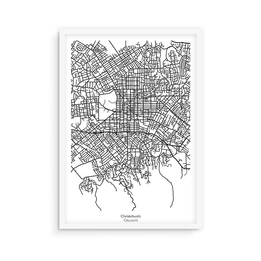 The Christchurch Mapscape is a black and white line drawing of Christchurch, New Zealand, printed on 200gsm art paper with archival inks. Framed in white, it highlights the citys roads and waterways in grid and curve patterns, labeled at the bottom.