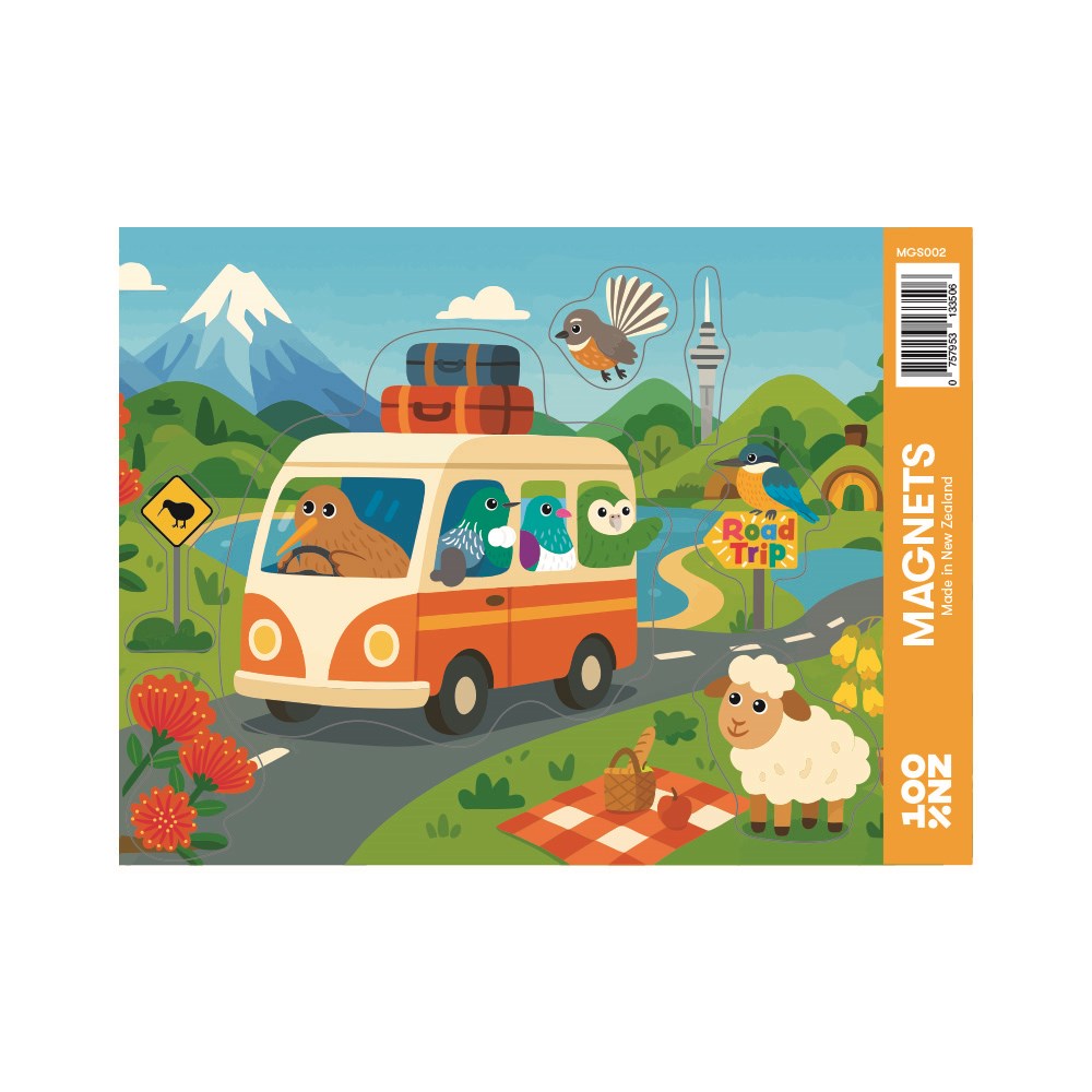 An illustrated scene features the Kiwi Road Trip Magnet Set: a red and white van with animals inside on a winding road, a sheep on a picnic blanket, birds flying nearby, plus mountains and flowers—a charming New Zealand souvenir.