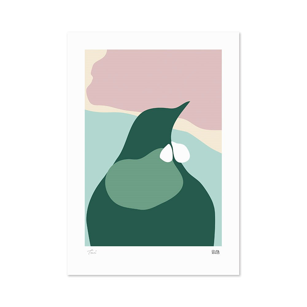 Modern Tui Print: A flat, modern illustration of a native bird with green and teal body, white accents on the head, and an abstract pastel pink, cream, and blue background. Bold shapes. Made in New Zealand.