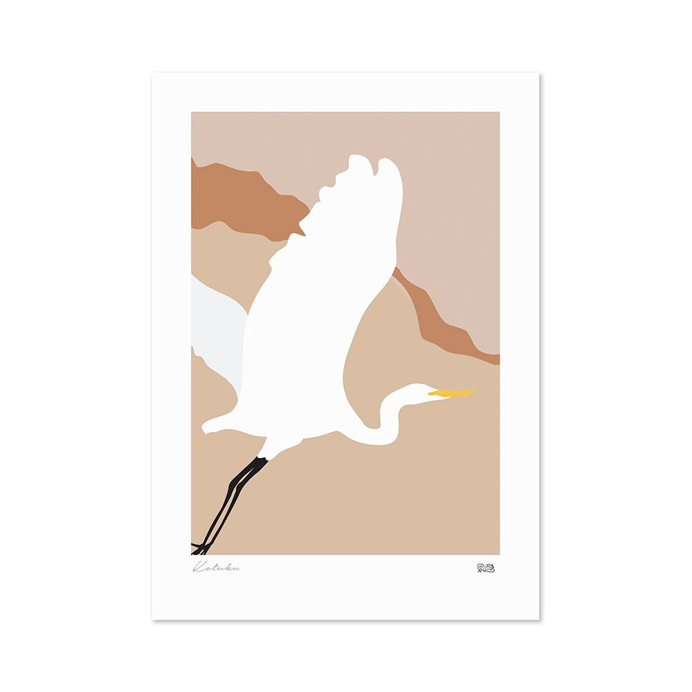 The Modern Heron Print features a minimalist illustration of a native bird with a yellow beak and long black legs soaring before abstract brown and beige mountains on a neutral background. An archival print from the Modern Range.