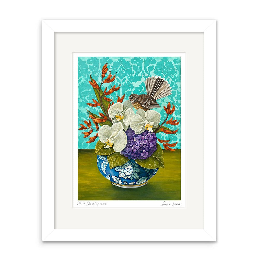 The Angie Dennis - Most Cherished Art Print features a blue and white vase with white orchids, purple hydrangeas, red flowers, and a brown bird, set against a turquoise damask background in classic New Zealand art style.