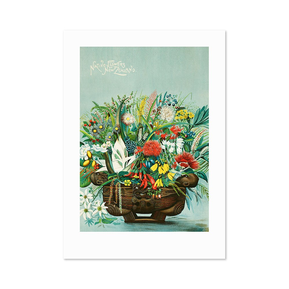 The NZ Native Flowers Print features a detailed illustration of a carved wooden vessel filled with vibrant New Zealand flora on a teal background, with Native Flowers of New Zealand at the top left, in vintage style.