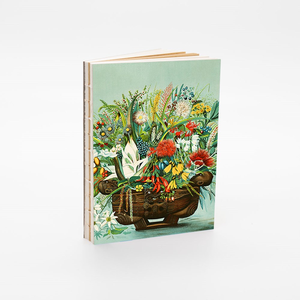 The NZ Native Flowers Notebook is a stylish art notebook with exposed binding, featuring a cover illustration of a woven basket filled with colorful native flowers against a light background.