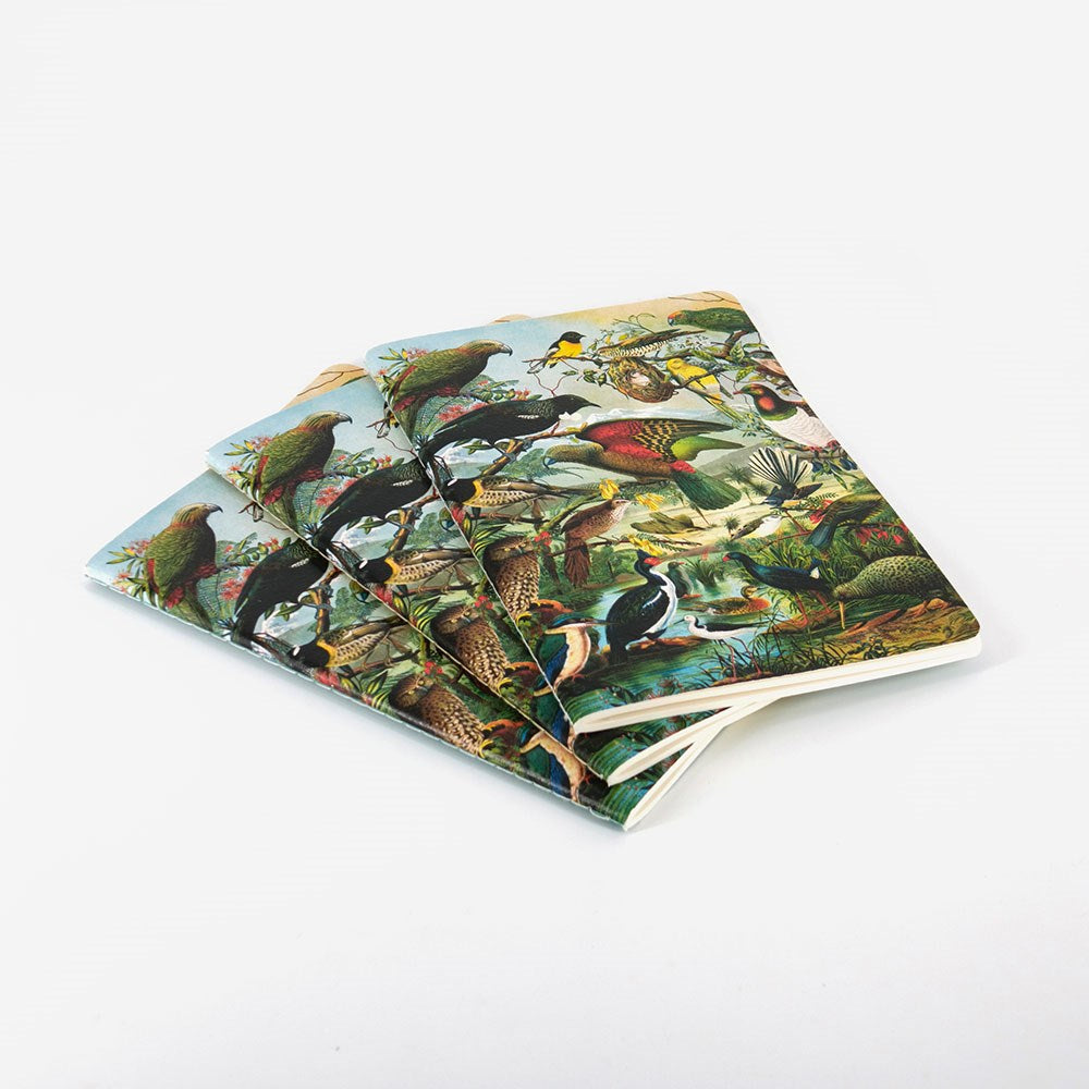 The NZ Native Birds Notebook Set includes three hardcover notebooks with quality paper and illustrated covers featuring colorful birds and plants, stacked on a white surface with their spines facing forward.