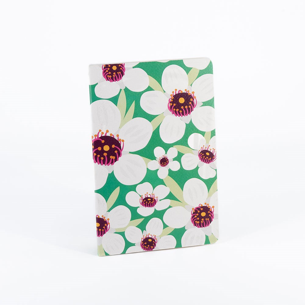 The Bright Botanical Notebook Set includes a hand-stitched notebook with a green cover decorated with large white flowers, each featuring dark pink and yellow centers, displayed upright against a plain white background.