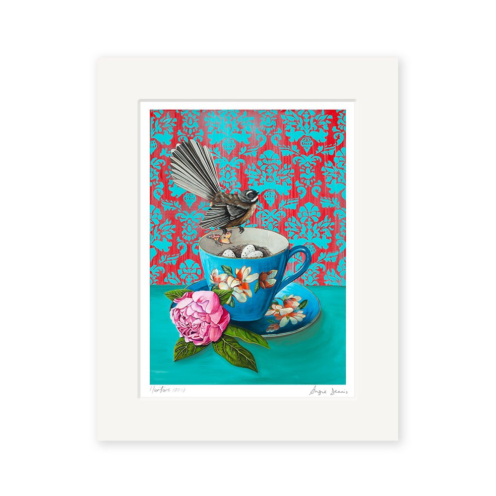 The Angie Dennis - Nurture Art Print features a bird on a blue teacup with flowers beside a pink peony on turquoise, set against a red and teal floral background—ideal for fans of vibrant New Zealand art prints.