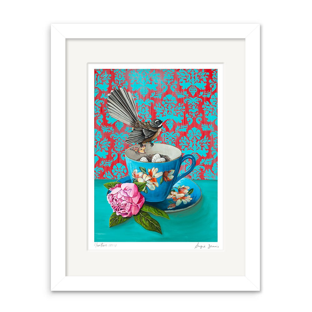 The Angie Dennis - Nurture Art Print features a small bird on a blue floral teacup filled with sugar cubes, a pink peony beside it, and is set against a teal and red patterned background. Archival quality wall art.
