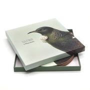 A light green box labeled Hushed Birds Box of 6 placemats features a realistic Tūī bird illustration on the lid. The partially open lid reveals six round placemats adorned with beautiful native bird designs inside.