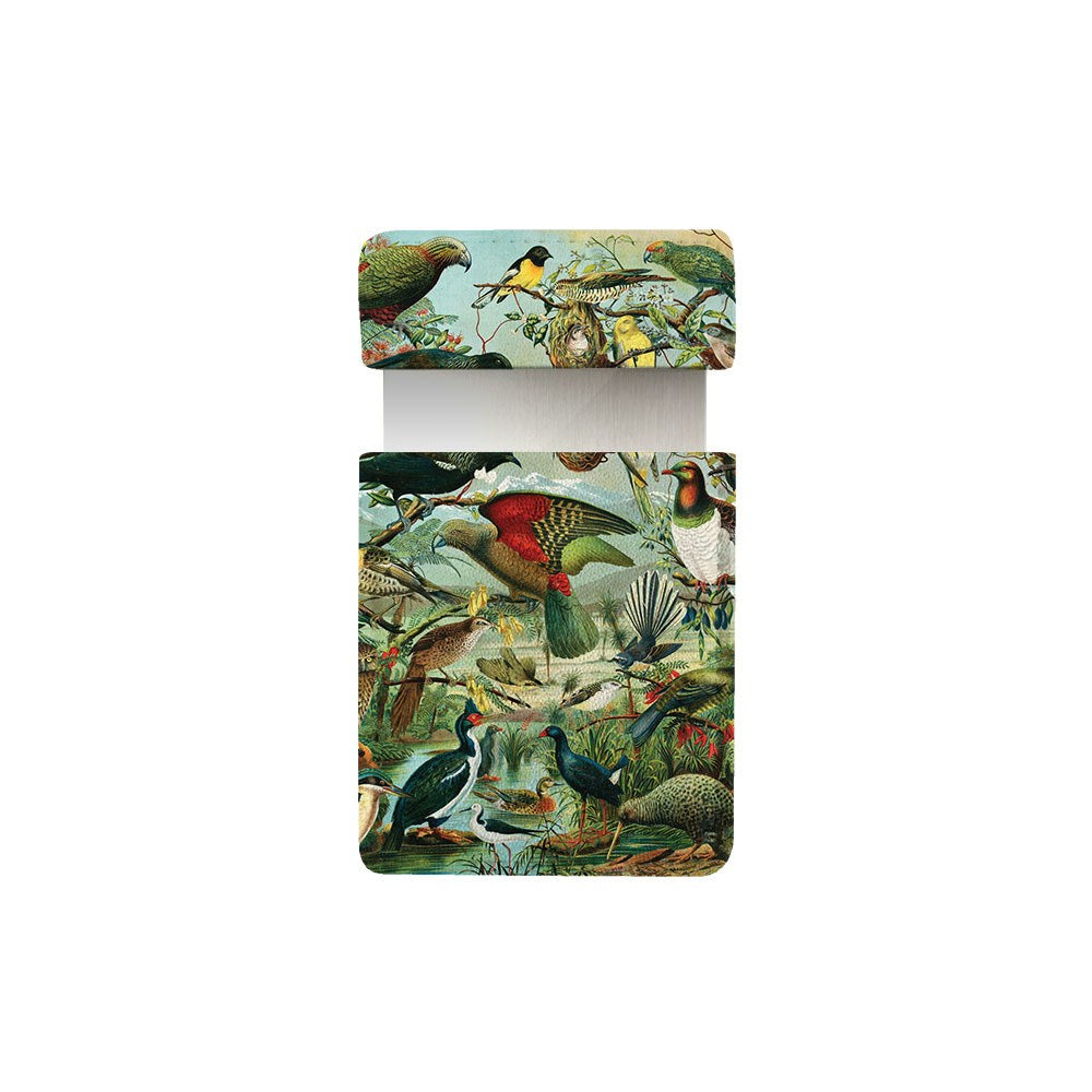 A pocket mirror featuring a colorful, detailed illustration of NZ Native Birds in natural settings. The light background highlights the vibrant native bird imagery on this handy NZ Native Birds Pocket Mirror.