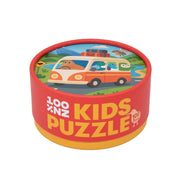 A round red and yellow box labeled "Kiwi Road Trip Kids Puzzle" contains 100 pieces and shows animals driving a van through a vibrant New Zealand landscape on the lid.