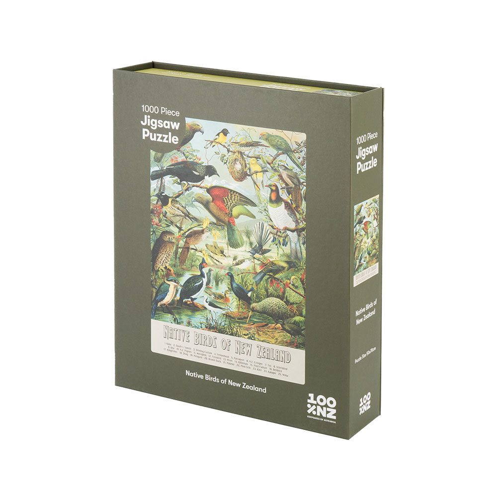 The NZ Native Bird Jigsaw Puzzle is a 1000-piece set in a green box featuring detailed illustrations of New Zealand’s native birds and labeled Native Birds of New Zealand on the front.
