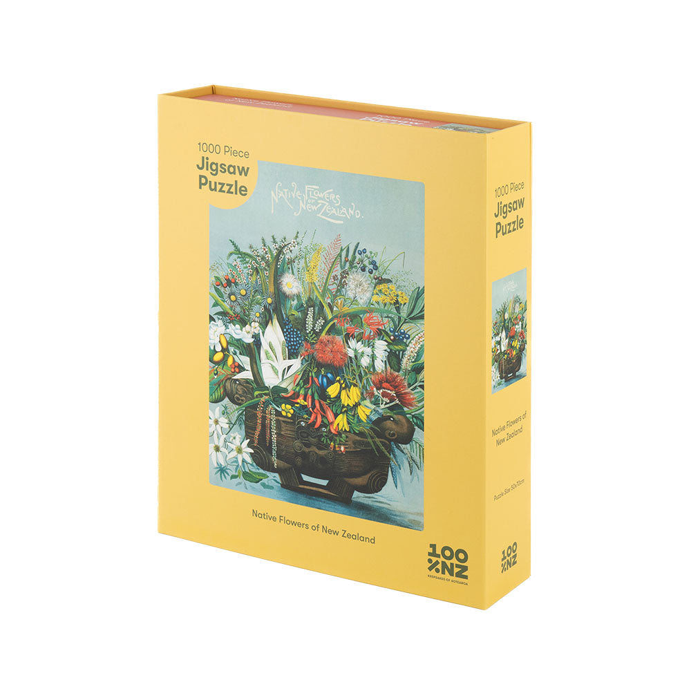 The NZ Native Flowers Jigsaw Puzzle comes in a yellow box with an illustration of native New Zealand flowers. The cover reads “1000 Piece Jigsaw Puzzle” and “Native Flowers of New Zealand”—a must-have for jigsaw puzzle fans.