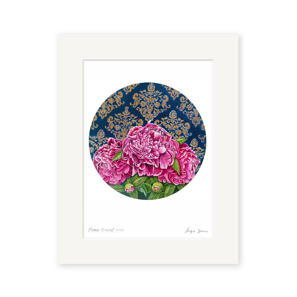 The Angie Dennis - Peonie Fractal Art Print shows large pink peonies with green leaves on a blue and gold damask background, framed in a white mat. Printed on archival matte paper and inspired by New Zealand art prints.