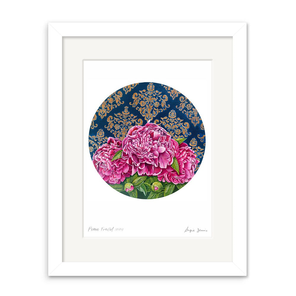 The Angie Dennis - Peonie Fractal Art Print showcases detailed pink peonies in a circular design on a navy background with gold patterns. Printed on archival matte paper, this signed piece comes framed and ready to hang.