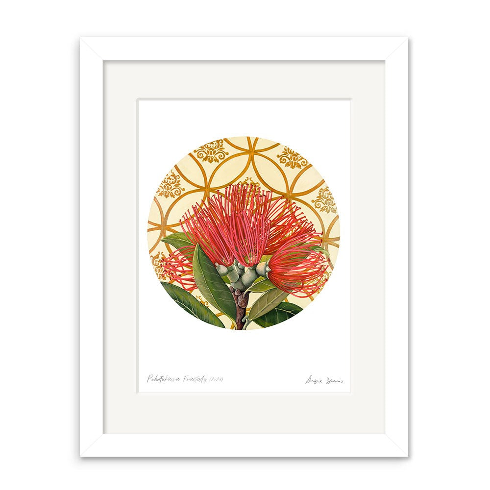 The Angie Dennis - Pohutukawa Fractals Art Print features a red flowering botanical illustration with green leaves, centered in a gold patterned circle. Displayed in a white mat and frame on archival matte paper, with handwritten text below.