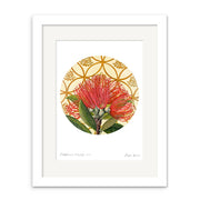 The Angie Dennis - Pohutukawa Fractals Art Print features a red flowering botanical illustration with green leaves, centered in a gold patterned circle. Displayed in a white mat and frame on archival matte paper, with handwritten text below.