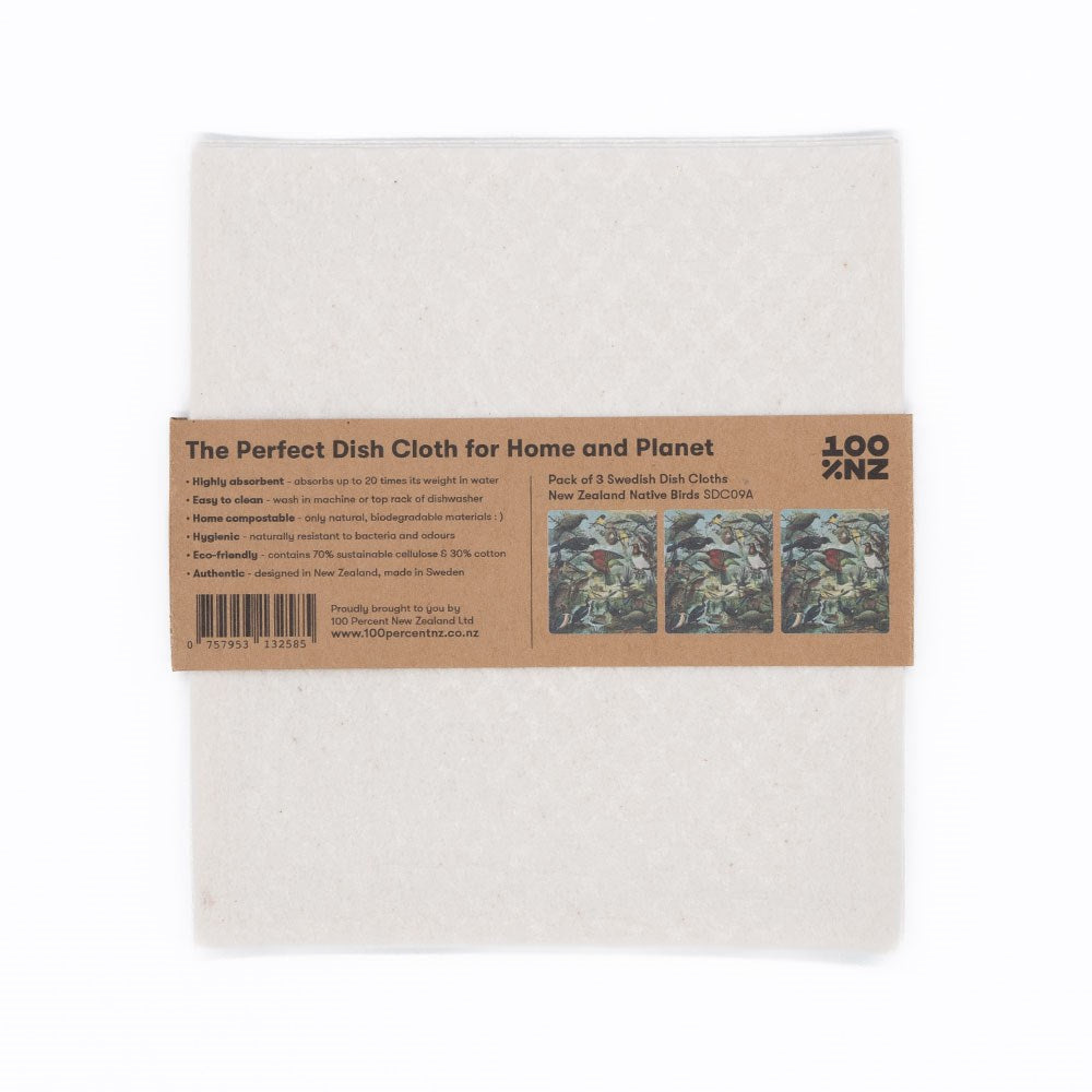 A pack of two eco-friendly white Swedish Dishcloths - NZ Native Birds, with a brown paper label highlighting high absorbency, compostability, and featuring small native bird illustrations on the right side.