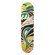 The Shane Hansen - Tui Skateboard Deck - Second showcases a modern, abstract design with swirling green, black, beige, and orange tones in organic, curved patterns.