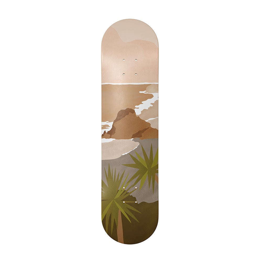 The Piha Landmark Skateboard Deck is crafted from Canadian maple and features a minimalistic coastal landscape with waves, rocks, and green palms in earthy tones—ideal as a contemporary art piece for your collection.