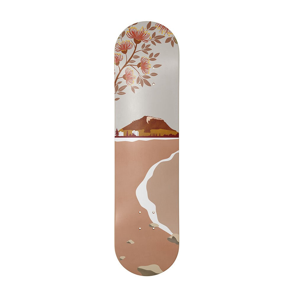 The Mt Maunganui Landmark Skateboard Deck features Canadian maple and a striking contemporary illustration of a mountain, building, winding white path, and orange flowers with leaves on a brown and beige landscape.