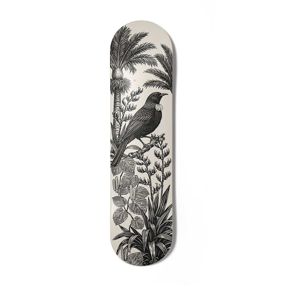 The Under the Nikau Skateboard Deck - Second is crafted from Canadian maple and showcases a striking black-and-white bird illustration among tropical plants—perfect as statement wall art or to stylishly feature New Zealand icons.