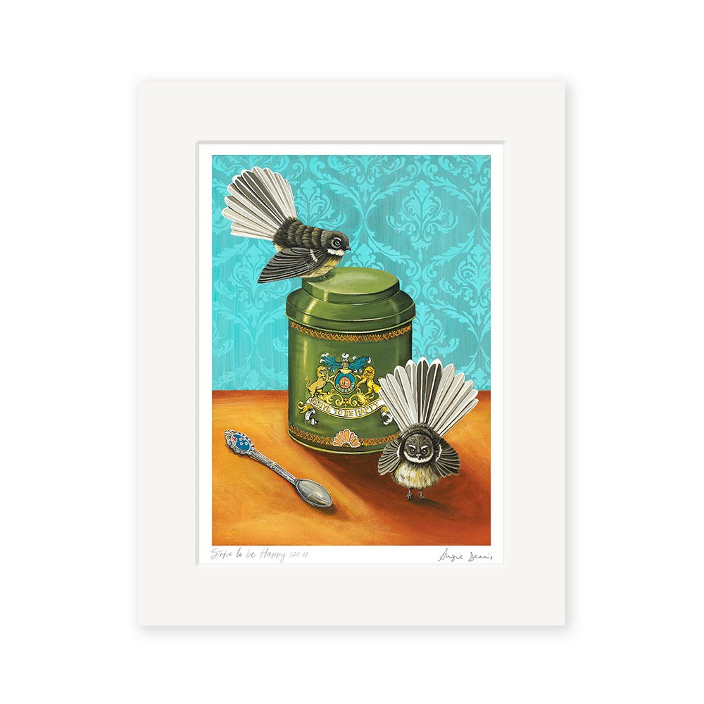 An illustration of two fantail birds with a green ornate tin and silver spoon on an orange surface, set against a turquoise background—Angie Dennis - Strive to be Happy Art Print celebrating New Zealand art.