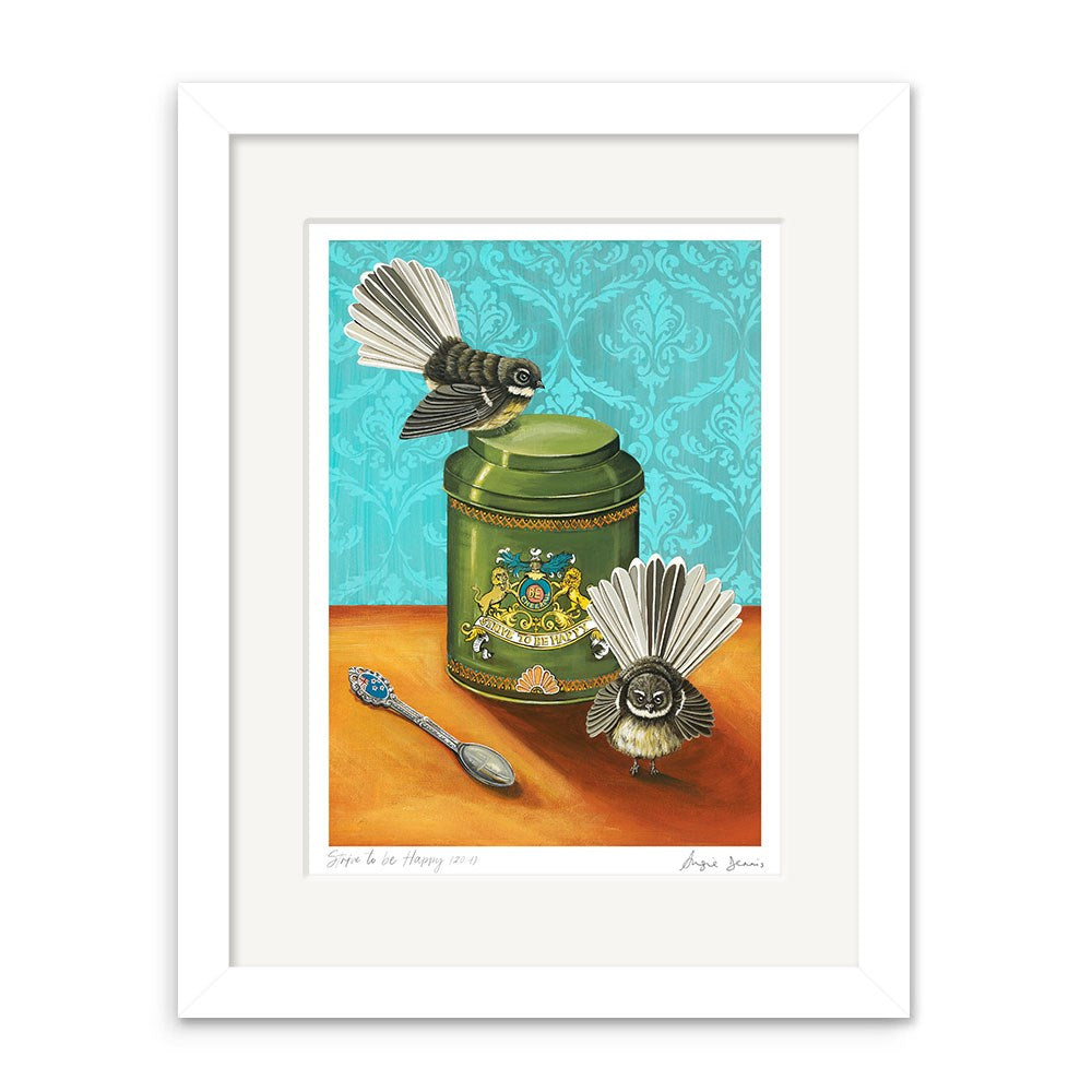 The Angie Dennis - Strive to be Happy Art Print features two birds with fanned tails by a green tin and silver spoon on an orange surface, set against blue patterned wallpaper, printed on archival-quality matte paper.
