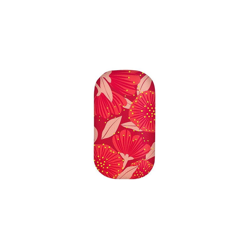 The Bright Botanical Red Pohutukawa Trinket Box is a rectangular box with rounded edges, featuring a red background and pink floral pattern with yellow dots—ideal for storing or customizing items like earphones or USB sticks.